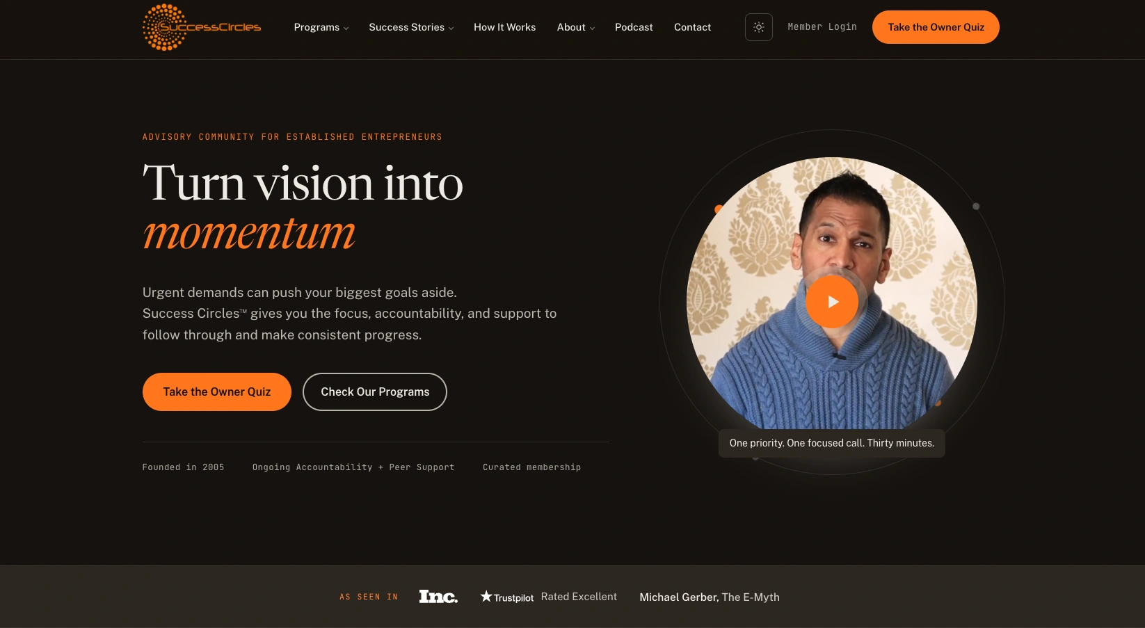 Success Circles — homepage of an advisory community for established entrepreneurs, dark editorial layout